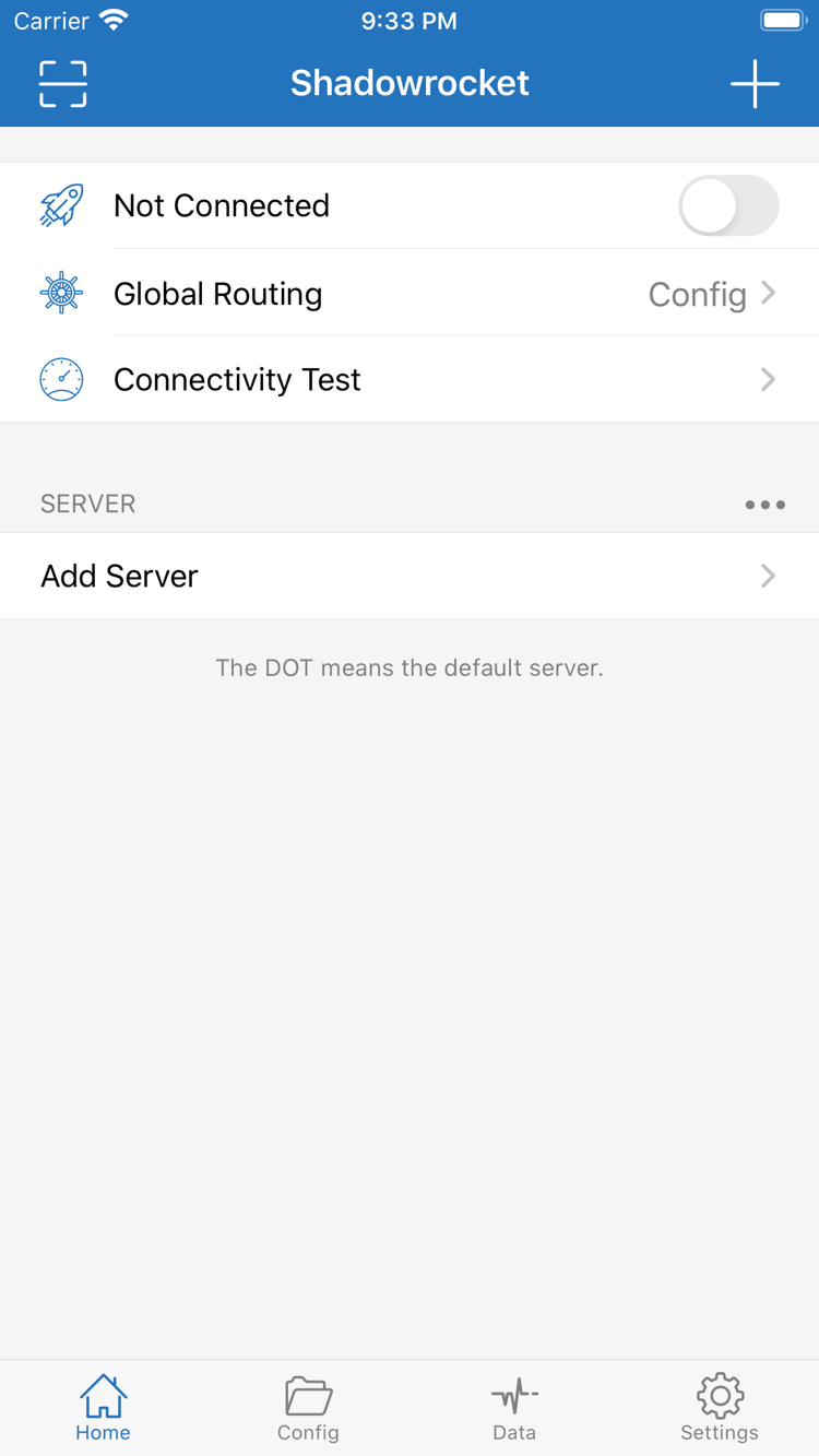 Shadowrocket의 Home 화면: 상단에 Not Connected 스위치, Global Routing, Connectivity Test가 있고 아래에 SERVER 그룹과 Add Server가 표시됨