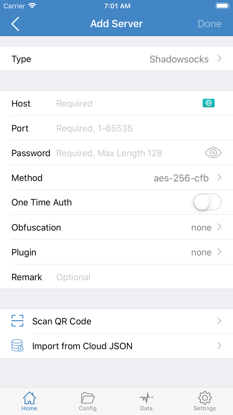 Shadowrocket의 Add Server 화면: Type, Host, Port, Password, Method 및 가져오기 메뉴 표시